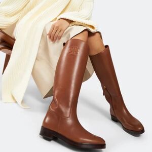NEW Tory Burch WIDE The Riding Boot Tan Logo Leather Knee High size 8.5W